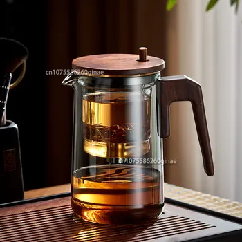 קומקום זכוכית עם ידית עץ מחוממת עמיד כפתור אחד סינון קומקום זכוכית שקוף בניחוח תה כוס תה סיר Teaware