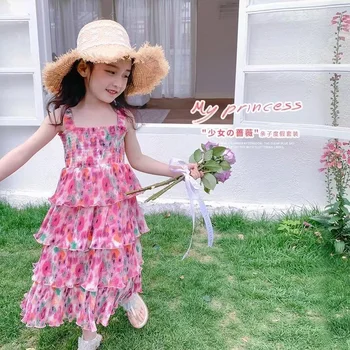 2023 בייבי בנות קיץ פרחוני שמלת אופנה ילדה ילדים שכבות להחליק פרח יום הולדת נסיכה שמלות ילדים Vestidos הילד הבגדים