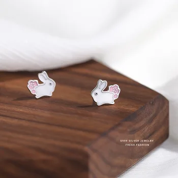 מותג תכשיטים מקוריים S999 כסף סטרלינג ארנב עגילים לנשים חתונה אירוסין תכשיטים