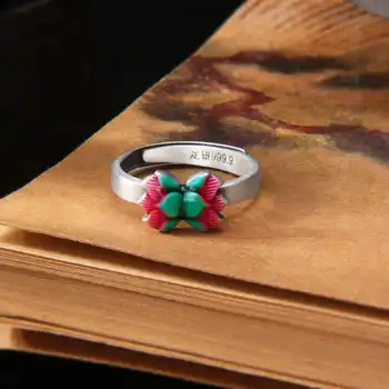 אמייל צבעוני לוטוס הטבעת של נשים סין-שיק פשוטה רטרו לוטוס אמאיל מקושט טבעת מתכווננת עם פתיחת