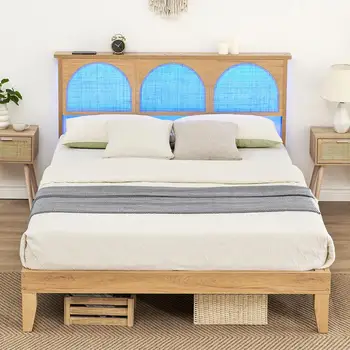 דלוקס מעץ מלא בגודל מלא מסגרת מיטה עם נורות LED & מעוקל קש המיטה המודרנית פלטפורמה מסגרת המיטה לא צריך קפיצים