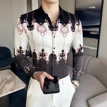 בתוספת גודל 6XL-מ ' יוקרה בציר הדפסת חולצת גברים שרוול ארוך קוריאנית מעצב חולצה חברתית מסיבת אופנת רחוב הפרחים חולצת גברים