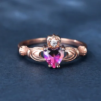 יוקרה נקבה קשת אבן קריסטל טבעת קסם רוז זהב צבע החתונה הלב טבעות לנשים פרח כלה זירקון את טבעת האירוסין.