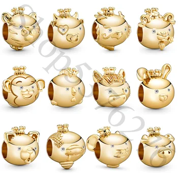 אמיתי 925 כסף סטרלינג תליון זהב 12 בעלי החיים גלגל המזלות הסיני סימנים קסם להתאים פנדורה נשים צמיד צמיד מתנה DIY תכשיטים