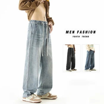 גברים באגי רחב ג 'ינס רגל סתיו חדש שחור אלסטי המותניים בציר מזדמן ישר מכנסי ג' ינס אופנה קוריאנית אופנת רחוב מכנסיים