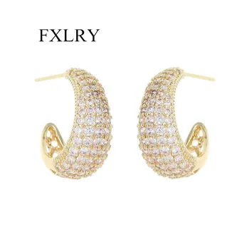 FXLRY אופנה חדשה S925 כסף מחט מיקרו-זירקון עיגול C עגילים לנשים אופנה מסיבת תכשיטים