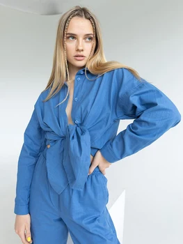 Hiloc כותנה בצבע כחול הלבשת לילה 2023 סתיו הצווארון להנמיך הביתה חליפה לנשים סטים חופשי חד-נשים עם חזה הפיג ' מה של קבע
