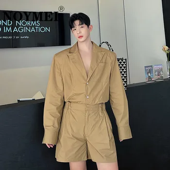 NOYMEI חאקי צללית להסרה ריפוד בכתפיים בלייזר אלסטי המותניים מכנסיים קצרים בסגנון קוריאני סתיו חדש לגברים שתי חתיכות להגדיר WA2169
