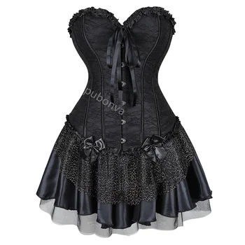המחוך השחור שמלת טוטו Skrits להגדיר Overbust עם תחרה מסיבת תחפושות הסקסי בורלסק בנות הבאסקים תלבושת בתוספת גודל בציר