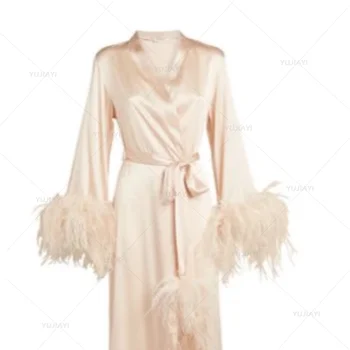 נשים חלוק עם שרוולים ארוכים הנוצה כלה חלוק כתונת ארוכה החלוק החתונה הלבשת לילה Nightwear חלוק צילום השמלה