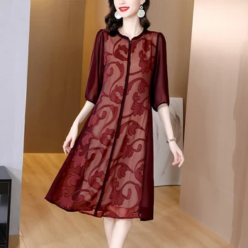 נשים שרוול קצר רקמת אקארד Midi שמלה SpringSummer אופנה מזדמן Vestidos קוריאני משובח הפבורן מסיבת ערב החלוק