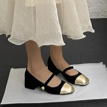 2023 אופנה נשים נעלי מרי ג ' יין נשים עקבים גבוהים רטרו להתלבש משאבות נשים התאמת צבעים מרובע רדוד נעליים עקב נשים