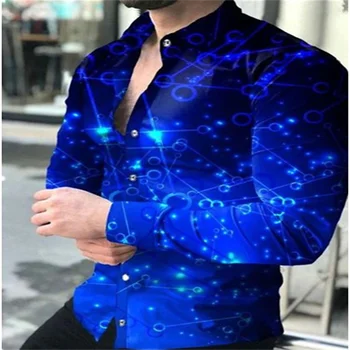 גברים של שירט גרפי טי-שירט כחול שיפוע 3D הדפסה חיצוני שרוול ארוך כפתור דש הבגד עיצוב אופנה מזדמנים לנשימה