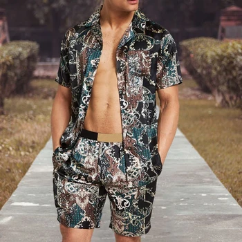 Mens שני חלקים החליפה מגמה קיץ גברים באיכות גבוהה הוואי סטים פרחוני הדפסה שרוול קצר חולצה קצרים חוף אופנת רחוב החג
