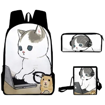 אופנתי אופנה עובד חתול הדפסת 3D 3pcs/סט התלמיד תיקי בית ספר Daypack מחשב נייד התרמיל נוטה כתף תיק קלמר