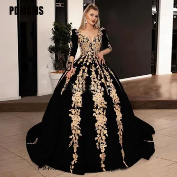 PDMCMS דובאי שחור שמלות חתונה ערב הסעודית זהב התחרה Appliqued גלימה שמלות צד מוסלמי כלה, שמלה מותאם אישית חלוק דה Mariee