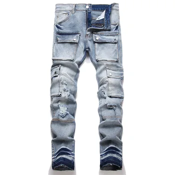 ג 'ינס של גברים אופנה פאנק כחול קרע רב-כיס קצה גלם מייקר גמיש רגל ג' ינס של גברים בגיל ההתבגרות מכנסיים מגמת