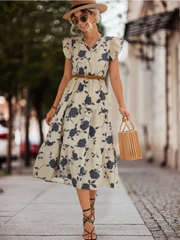 נשים קיץ הדפס פרחוני Midi שמלה ארוכה אלגנטית מזדמן אופנה ליידי משרד סוודר צוואר V טס השרוול גבוה המותניים שמלה 2023