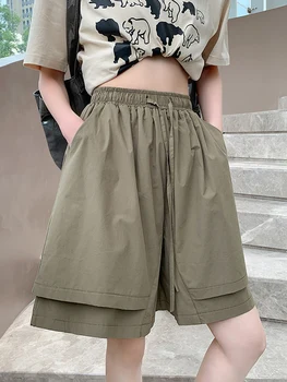 TIGENA בתוספת גודל 5XL גבוהה המותניים נשים מכנסיים קצרים 2023 הקיץ הקוריאני מוצק כיסים, חגורה אלסטית גבוהה המותניים קצרים נשיים מכנסיים קצרים