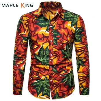 Mens חולצות מייפל ליף הדפסה Camisa Estampado גבר 2023 Vinatge יומיומי שרוול ארוך חולצת הוואי לגברים חולצה Chemises מקסימום