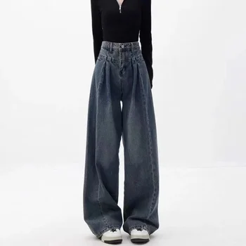 אביב סתיו אופנה קוריאנית אופנת רחוב גבוהה המותניים רחבים ג 'ינס נשים ישר דק לעטוף כל-התאמה רחבות מכנסי ג' ינס נשי