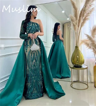 ערבית Abaya בתולת ים שמלת הערב עם להסרה הרכבת ירוק נצנצים כתף אחת שמלות לנשף 2023 יוקרה 2 ב 1 המסיבה