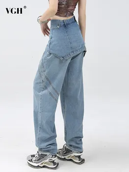 BPN אופנת רחוב ג ' ינסים לנשים גבוהות המותניים סימטרית טלאים כיסים לא סדיר, סרבל צפצף נקבה סגנון אופנה בגדים חדשים.