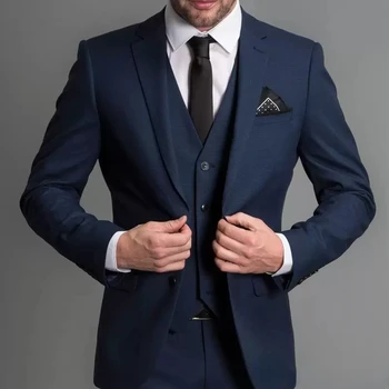 חיל הים כחול זכר חליפות Slim fit מחורצים דש חתונה חליפות 3 ערכות קטע תפורים עסקים Mens תחפושת (קט+מכנסיים+וסט)