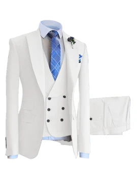 גברים לבנים בחליפות להגדיר השושבינים החתן לובש טוקסידו תחפושת Homme, Mariage חתונה חליפות עסקים לגברים 3PCS(בלייזר+אפוד+מכנסיים)
