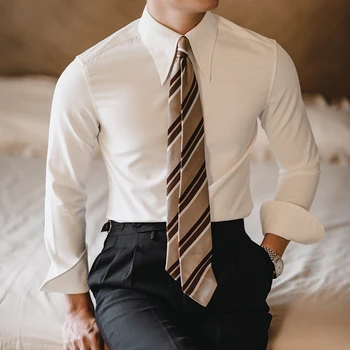 2023 גברים האביב הסתיו החדש מוצק צבע השמלה חולצות גברים שרוול ארוך Slim Fit חולצות זכר חברתי עסקי מזדמן חולצות P266