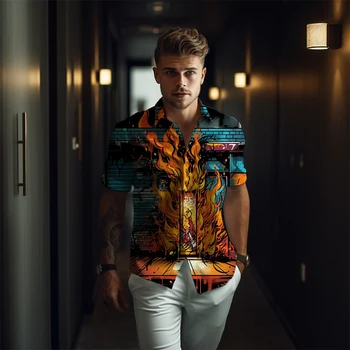 רטרו היפ-הופ גברים מנופחים החולצה באיכות גבוהה אופנה מזדמן חולצה הדפסת 3D דפוס חולצה קיץ רחוב פראי האדם של העליון
