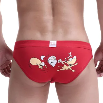 גברים סקסי כותנה U קמור כיס תקצירים מודפסים חג המולד תחתונים סקסי אדום הפין נרתיק תחתונים באמצע המותן גברים תחתוני ביקיני