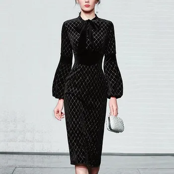 ZAWFL נשים 2023 קוריאנית חלוק נשי קו שחור קטיפה Vestidos דה Mujer שיק יהלומים וינטאג', שמלת טמפרמנט שמלות