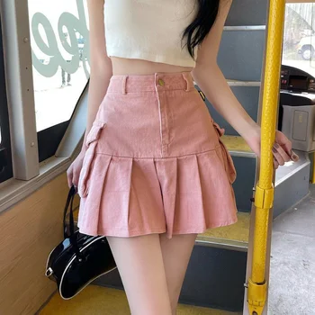 ורוד מטען חצאית ג ' ינס נשים קוריאני אופנה עם קו מותן גבוה כיסים גדולים חצאיות מיני Mujer De המכללה סגנון פרוע קפלים החצאית