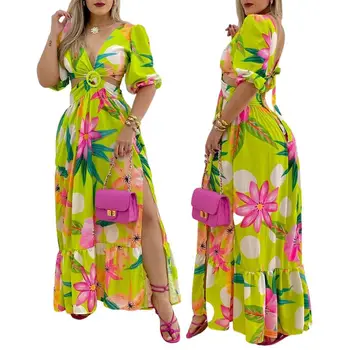 עיצוב חדש של נשים ללבוש אופנה פרחוני מודפס השמש עיצוב שמלות לגזור גבוהה המותניים פיצול שמלה ארוכה