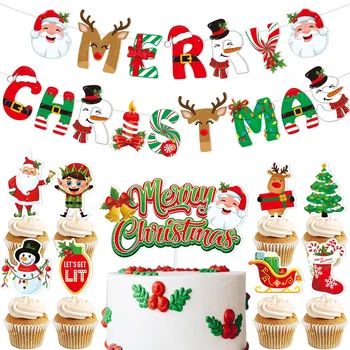 חג שמח העוגה דגלים סנטה קלאוס אייל אלף איש שלג באנר הקאפקייקס טופר עץ חג המולד בל מסיבת עוגה אפייה עיצוב DIY