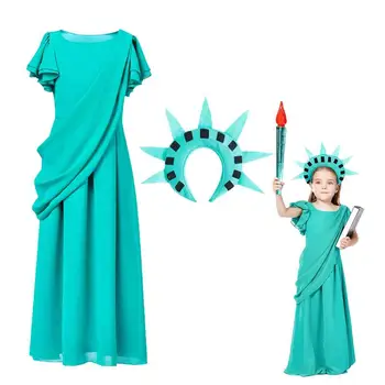 גברת החירות שמלת תחפושת הרומית העתיקה שמלת גלימות פסל החירות תחפושת ליל כל הקדושים Cosplay מתנות לנערות נשים