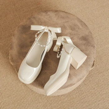 גושי בלוק משאבות נשים להחליק על עקב נמוך עגול סגור הבוהן שמלה קלאסית באמצע כיכר נעלי מסיבת חתונה נעלי ג ' יין מארי