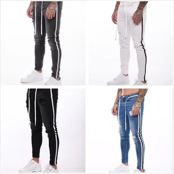אירופאי ואמריקאי גברים של מכנסיים עם חורים הקרקע סלים מתאים מכנסי ג ' ינס דק מתאים קטנים הרגל מכנסיים לגברים מכנסיים קרועים