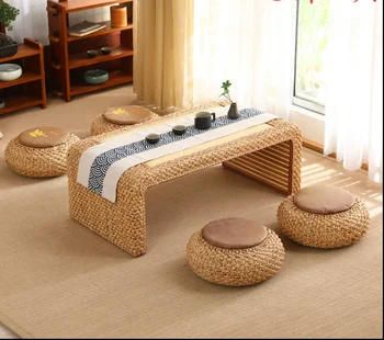 גפן שזירה יפנית זן סגנון טאטאמי אורז תה שולחן עם החלון הצף תה השולחן, התמוטטות אורז מרפסת, אדן חלון, קטן נמוך