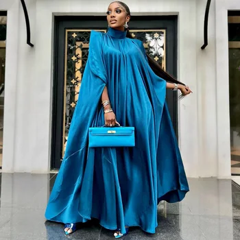 חופשי להתנדנד המוסלמים Abaya נשים אופנה אפריקאית להתלבש האסלאמית שרוול ארוך כפיות הרמדאן הטורקי במזרח התיכון החלוק סאטן