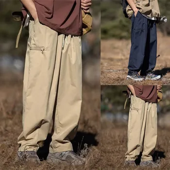 2023 גברים מקרית של וילון רחב הרגל המכנסיים Oversize כותנה מכנסיים צבע מוצק אופנה גברים מכנסי ריצה ספארי בסגנון וינטג המכנסיים