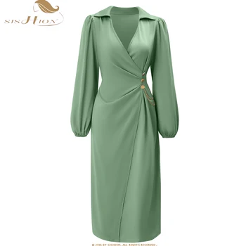 2023 חדש סתיו נשים מוצק שמלה ארוכה נקבה Elagant OL מזדמן חופשי שמלת החולצה בנות קפה ירוק קפלים שמלות SR1135