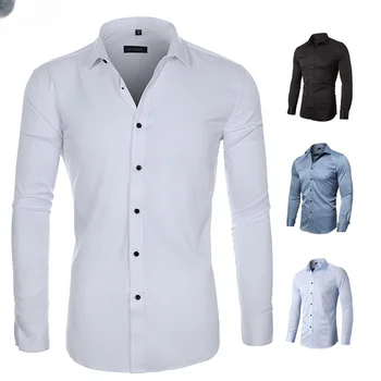 גבוהה למתוח את החולצה מוצק צבע השרוול הארוך של גברים הכפתור השחור בגדים
