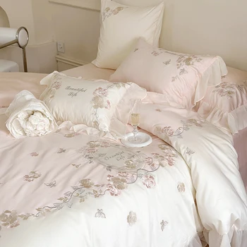 ארבע חתיכות כותנה, סט מצעים יחיד, מיטה זוגית המלכה רקום עם מיטה זוגית שמיכת כיסוי לכרית סט