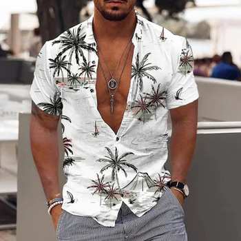 גברים חולצת הוואי חולצה מקסימום בקיץ עץ קוקוס חולצות לגברים שרוול קצר לנשימה האופנה V-צוואר חולצות במידה גדולה