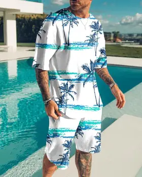 הקיץ של גברים אימוניות, חליפות 3D עצי קוקוס הדפסה אופנה גברים חולצות מכנסיים סטים גדולים החוף מזדמנים בגדי הריצה להגדיר