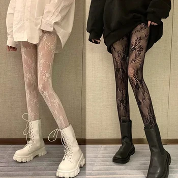 גותי טייץ נשים חותלות לוליטה חלול החוצה גרבי רשת יפנית תחתית גרביונים סקסיות תחרה פרחוני קש שחור גרב