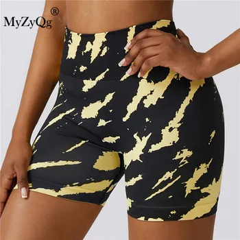 MyZyQg נשים מודפס ללא תפרים בגזרה גבוהה יוגה מכנסיים קצרים הדוקים היפ להרים כושר מכנסי ריצה לדחוף למעלה צועד
