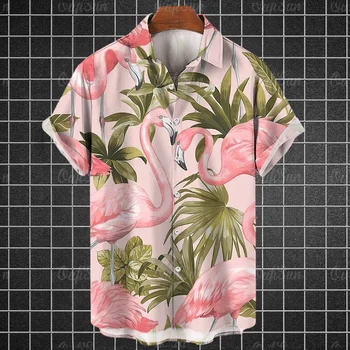 הדפסת 3d החולצה של הגברים חולצה פלמינגו דפוס אלמנט שרוול קצר חולצת הוואי מזדמן רופף אופנה חג החוף בקיץ חולצה